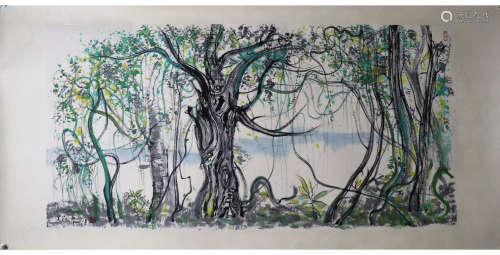 A CHINESE GREEN TREES PAINTING WU GUANZHONG MARK