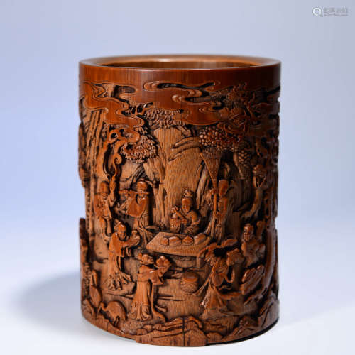 AN EIGHT IMMORTALS CARVED BAMBOO BRUSH POT