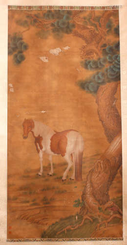 A CHINESE HORSE PAINTING SILK SCROLL