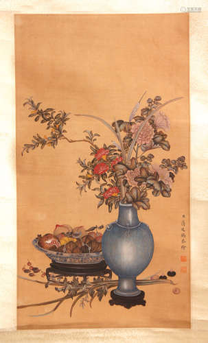 A CHINESE FLOWERS PAINTING SILK SCROLL JIANG TINGXI MARK
