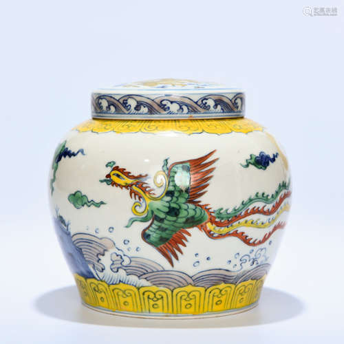 A DOUCAI DRAGON PHOENIX PORCELAIN JAR WITH COVER