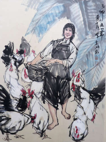 A CHINESE FIGURE PAINTING HUANG ZHOU MARK
