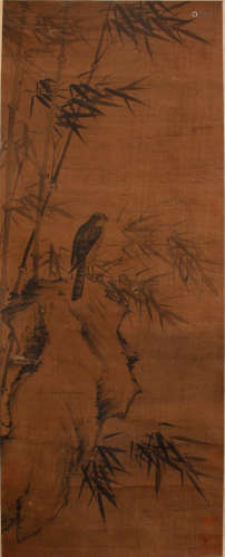 A CHINESE FLOWER AND BIRD PAINTING SILK SCROLL