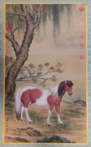 A CHINESE HORSE PAINTING SILK SCROLL LANG SHINING MARK