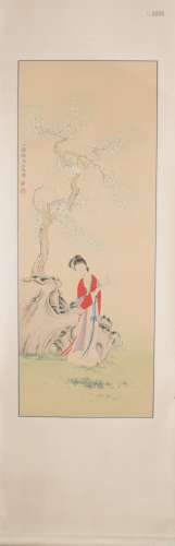 CHINESE A CHINESE IN RED LADY PAINTING SCROLL WANG SHUHUI MARK