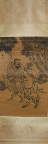 CHINESE A CHINESE OLDMAN PAINTING SILK SCROLL ZHANG PINGSHAN MARK