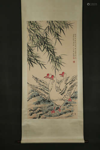 CHINESE A CHINESE GOOSE PAINTING SCROLL XU BEIHONG MARK