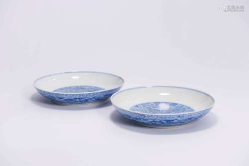 CHINESE BLUE WHITE PORCELAIN PLATES PAIR