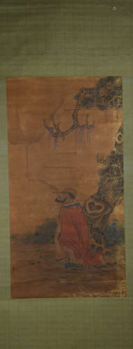 CHINESE A CHINESE ARHAT PAINTING SILK SCROLL DING GUANPENG MARK