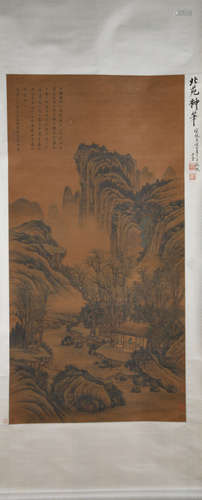 CHINESE A CHINESE LANDSCAPE PAINTING SILK SCROLL DONG YUAN MARK