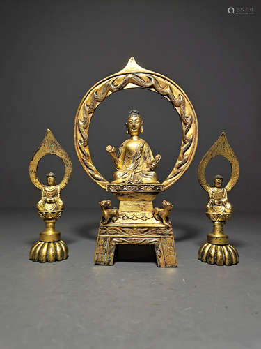 CHINESE GILT BRONZE BUDDHA 3-PIECE SET