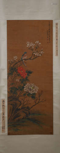 CHINESE A CHINESE FLOWER AND BIRD PAINTING SILK SCROLL MA YUANYU MARK