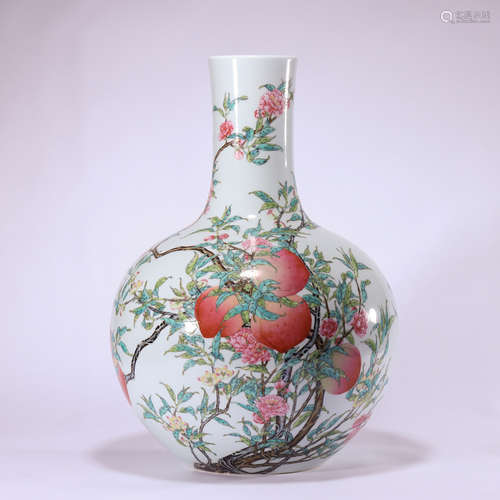 CHINESE FAMILLE ROSE NINE PEACH BOTTLE VASE