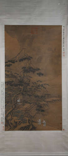 CHINESE A CHINESE LANDSCAPE PAINTING SILK SCROLL WANG ZHENPENG MARK