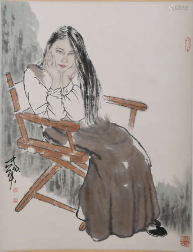 CHINESE A CHINESE FIGURE PAINTING SCROLL HE JIAYING MARK