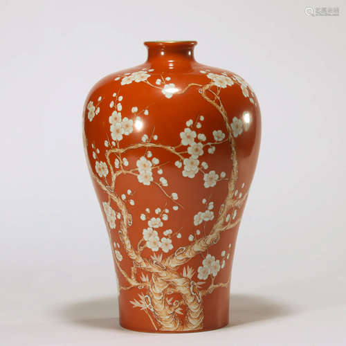 CHINESE CORAL RED GROUND MEIPING VASE