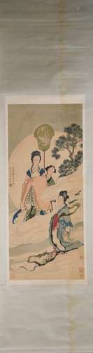 CHINESE A CHINESE FIGURES PAINTING SILK SCROLL YOU QIU MARK