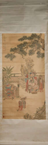 CHINESE A CHINESE FIGURES PAINTING SILK SCROLL CHEN LAOLIAN MARK