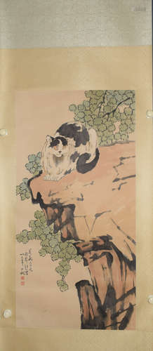 CHINESE A CHINESE CAT PAINTING SCROLL XU BEIHONG MARK