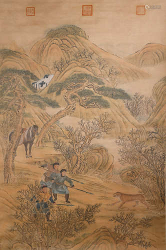 CHINESE A CHINESE HUNTING PAINTING SILK SCROLL LANG SHINING MARK