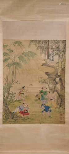 CHINESE A CHINESE FIGURES PAINTING SILK SCROLL QIU YING MARK