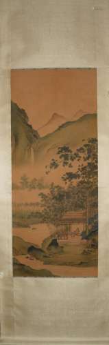 CHINESE A CHINESE LANDSCAPE AND FIGURE PAINTING SILK SCROLL QIU YING MARK