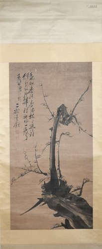 CHINESE A CHINESE WITHERED TREE PAINTING SCROLL TONG YU MARK