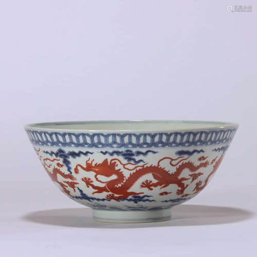 CHINESE BLUE WHITE IRON RED DRAGON PORCELAIN BOWL