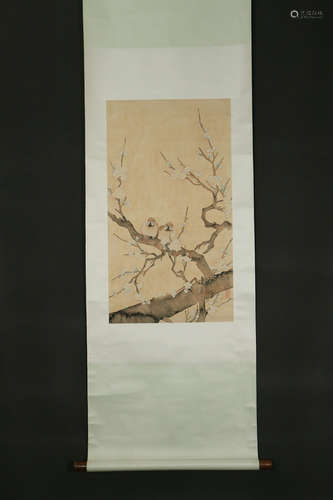 CHINESE A CHINESE PLUM BLOSSOM AND SPARROW PAINTING SCROLL CHEN ZHIFO MARK