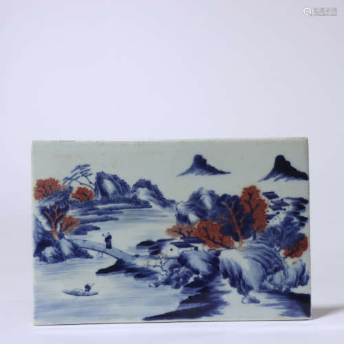 CHINESE BLUE WHITE IRON RED PORCELAIN PLAQUE