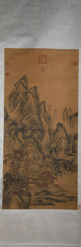 CHINESE A CHINESE LANDSCAPE PAINTING SILK SCROLL ZHOU CHEN MARK