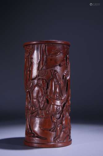 A Boxwood Story Carved Brush Holder