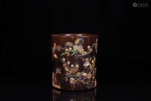 A Rosewood Floral&Bird Brush Holder With Gems