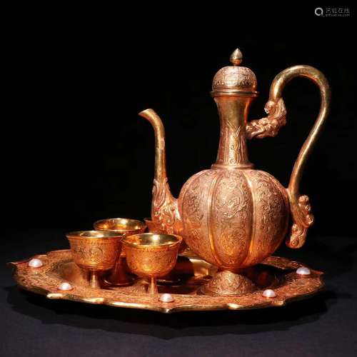 Set Of Gilt Bronze Dragon Carved Vessels