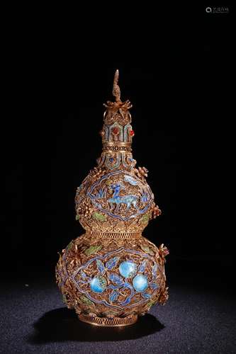 Gilt Silver Enameling Blue Gourd Vase