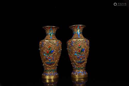 Pair Of Gilding Enameling Blue Vases