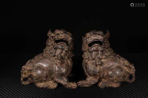 Pair Of Bronze Beast Carved Ornaments