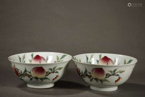 Pair Of Famille Rose Logevous Pattern Bowls