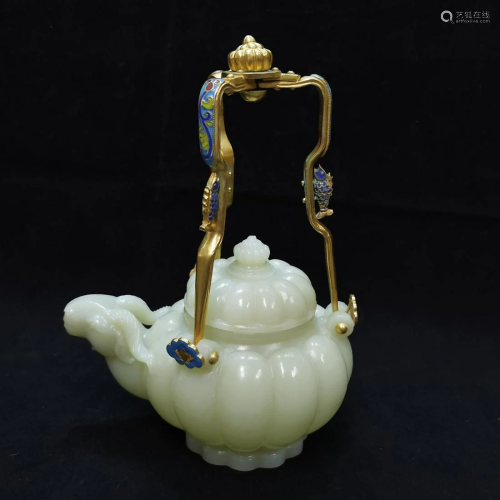 Hetian Jade Teapot With Cloisonne Handle