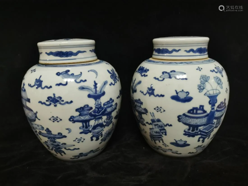 Qing Pair of Blue and White Eight Treasures Jars