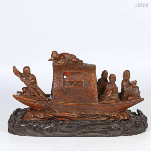 Old Agarwood Boat with Figures Ornament
