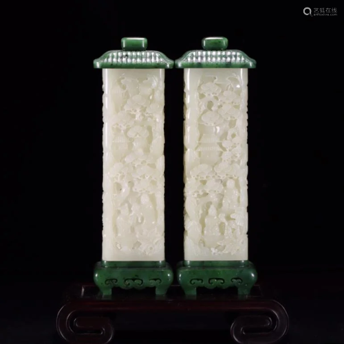 Pair of Hetian Jade Incense Tubes