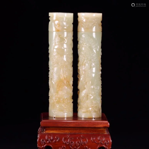 Pair of Hetian Jade Incense Tubes