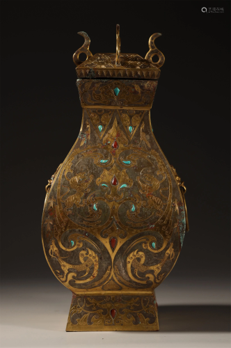 Bronze Inlaid Gold and Silver Turquoise Vase