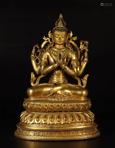 Tibet Gilt Bronze Four Arms Kuan Yi Buddha