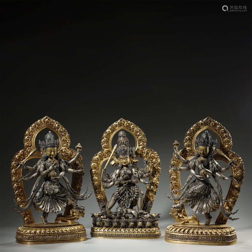 Set of Gilt Bronze Gold and Silver Buddha Statue