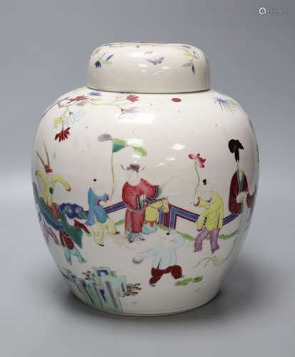 A late 19th/early 20th century Chinese ginger jar and cover, polychrome-decorated with figures in