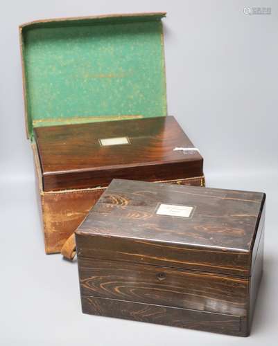 Two Victorian dressing cases, in rosewood with leather case, and coromandel, 30.5 and 28cmCONDITION: