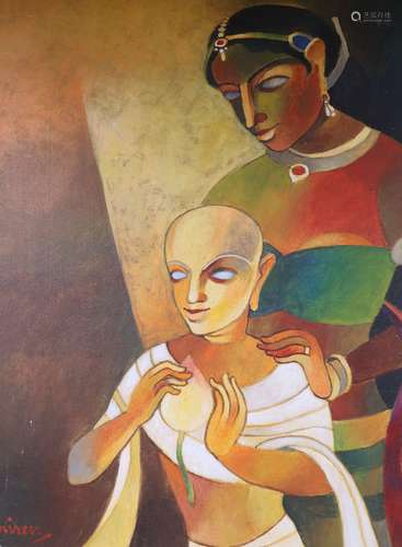 Niren Sen Gupta, acrylic on canvas, 'Princess and a monk', signed, 76 x 61cm, unframed