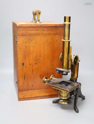 A Victorian Henry Crouch, London brass microscope and case, no 10023, 39cmCONDITION: Adjustment